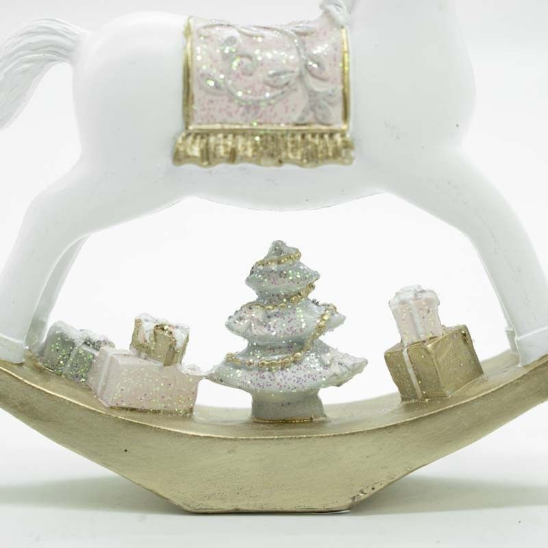 Cavallo a Dondolo Natalizio in Poliresina Bianco e Rosa Disponibile in Tre Misure