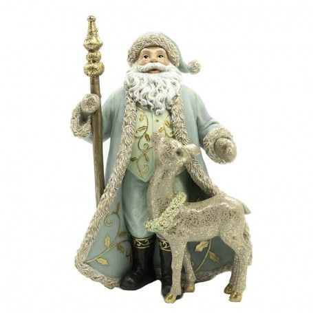 Babbo Natale in Resina con Renna e Abito Verde Acqua H.30 cm