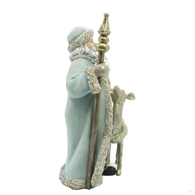 Babbo Natale in Resina con Renna e Abito Verde Acqua H.30 cm