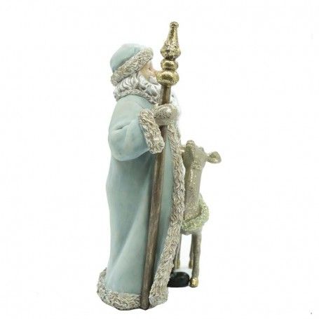 Babbo Natale in Resina con Renna e Abito Verde Acqua H.30 cm