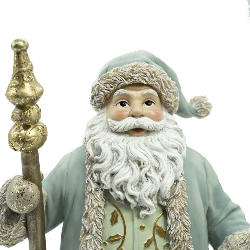 Babbo Natale in Resina con Renna e Abito Verde Acqua H.30 cm