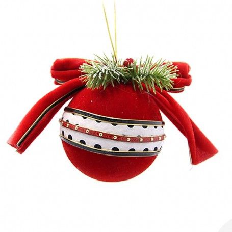 Palla di Natale in Velluto Rosso con Nastro Pois/Righe/Scacchi 3 Ass. D.8 cm