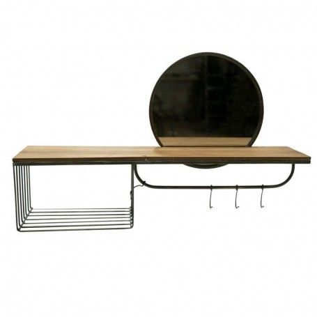 Mensola Stile Industrial in Legno con Specchio e Ganci Mensola Stile Industrial in Legno con Specchio e Ganci
