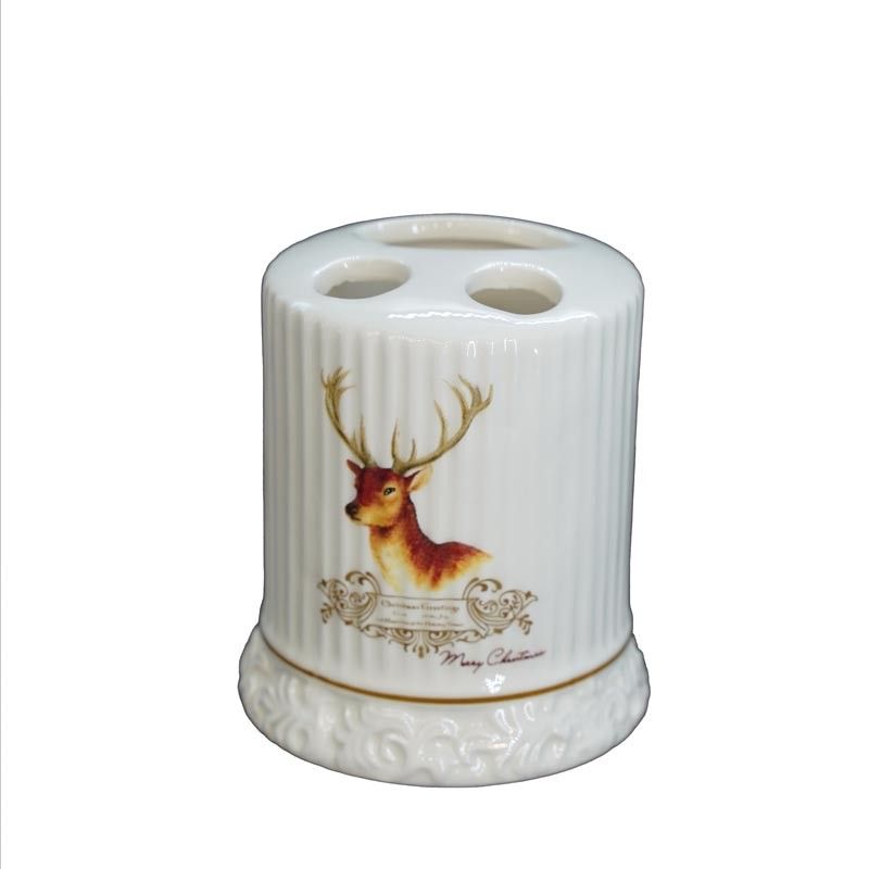 Porta Spazzolini in Ceramica Bianca con Renna H.9 cm