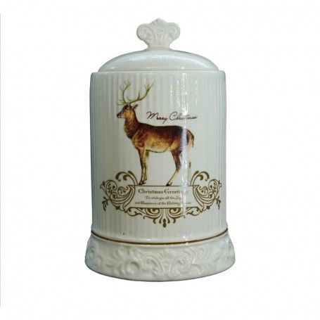 Contenitore Grande in Ceramica Bianca con Renna H.20 cm