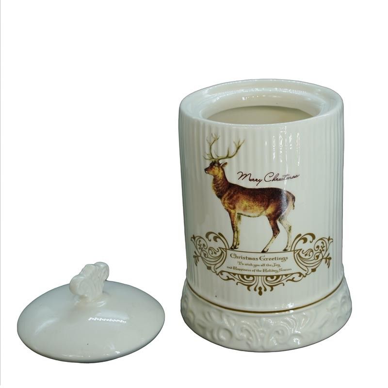 Contenitore Grande in Ceramica Bianca con Renna H.20 cm