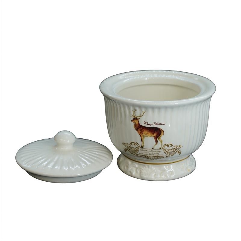 Contenitore Piccolo in Ceramica Bianca con Renna H.10 cm