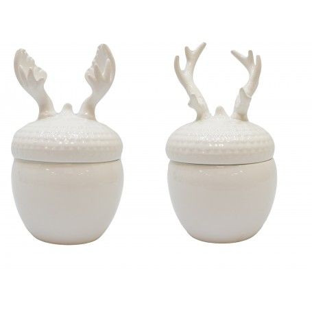 Set 2 Contenitori in Ceramica Bianca con Corna di Renna
