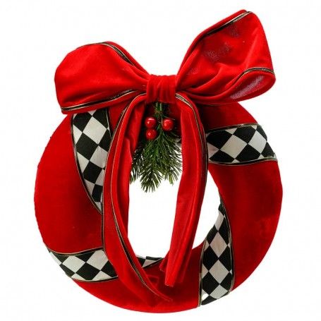 Corona Natalizia di Stoffa Rossa con Nastro a Scacchi D.36xP.8 cm