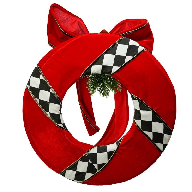 Corona Natalizia di Stoffa Rossa con Nastro a Scacchi D.36xP.8 cm