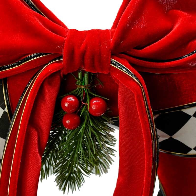 Corona Natalizia di Stoffa Rossa con Nastro a Scacchi D.36xP.8 cm