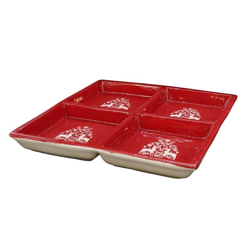 Piatto in Ceramica Rosso Diviso in 4 Sezioni