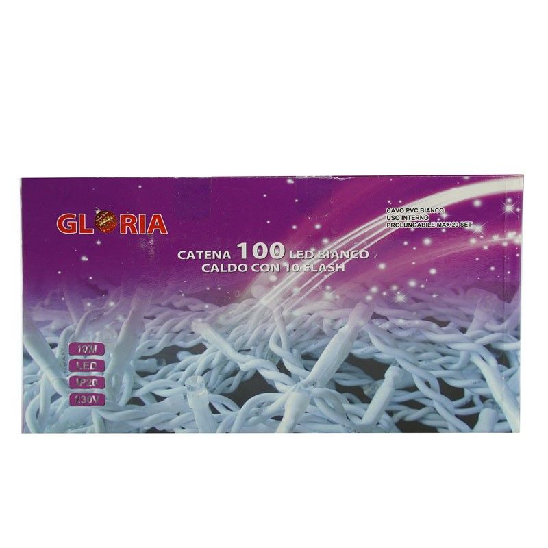 Catena con 100 Luci Led Bianco Caldo + 10 Falsh Cavo Bianco 10 metri Uso Interno