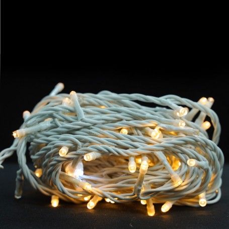 Catena con 100 Luci Led Bianco Caldo + 10 Falsh Cavo Bianco 10 metri Uso Interno