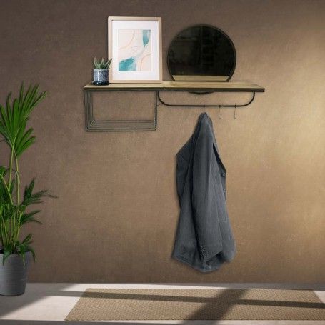 Mensola Stile Industrial in Legno con Specchio e Ganci Mensola Stile Industrial in Legno con Specchio e Ganci