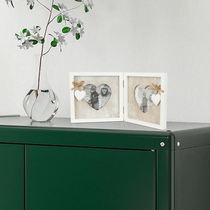 Cornice Doppia per Foto con 2 Cuori in Legno