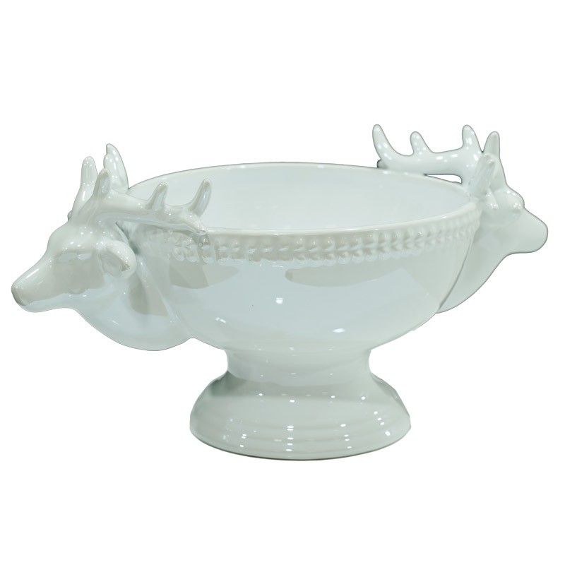 Recipiente Natalizio con Teste di Renne in Ceramica Bianco o Grigio H.13,8 cm