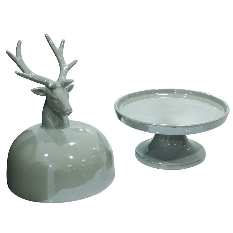 Alzatina Natalizia con Testa di Renna in Ceramica Bianca o Grigia H.31 cm