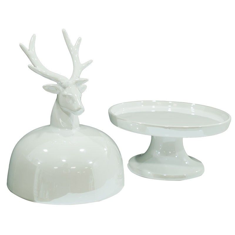 Alzatina Natalizia con Testa di Renna in Ceramica Bianca o Grigia H.31 cm