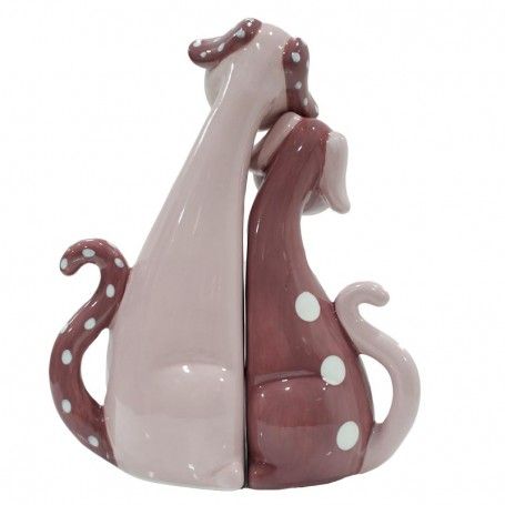 Coppia di Cagnolini Rosa e Bordeaux in Ceramica H.16 cm