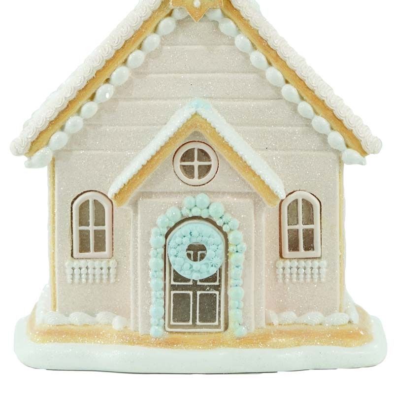 Casetta di Marzapane con Luci Led Rosa in Resina H.38,4 cm