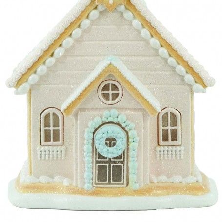 Casetta di Marzapane con Luci Led Rosa in Resina H.38,4 cm