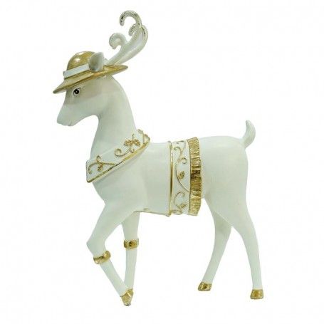 Renna Natalizia Bianca e Oro in Resina con Cappello H.30 cm