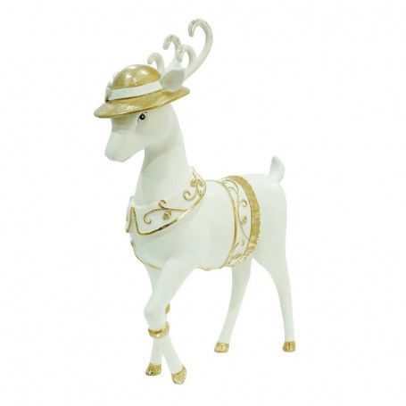 Renna Natalizia Bianca e Oro in Resina con Cappello H.30 cm