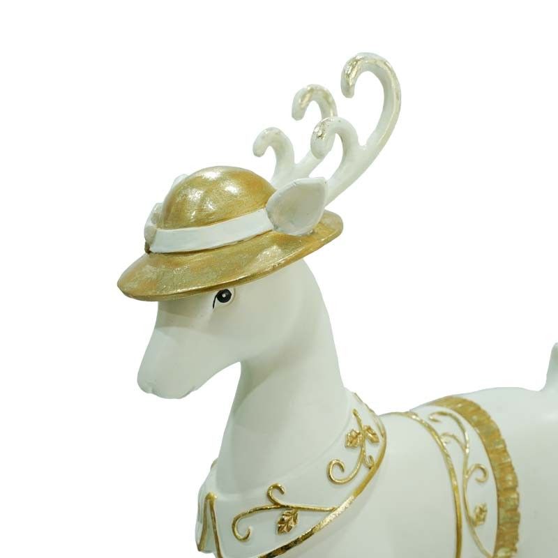 Renna Natalizia Bianca e Oro in Resina con Cappello H.30 cm