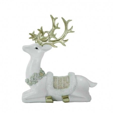 Renna Natalizia Bianca Seduta con Corna Oro H.18 cm