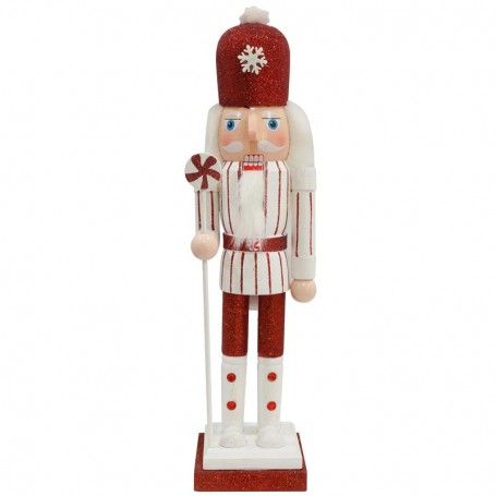 Schiaccianoci di Natale in Legno Su Piedistallo Bianca e Rossa H.38 cm