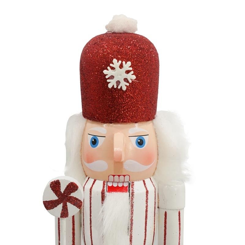 Schiaccianoci di Natale in Legno Su Piedistallo Bianca e Rossa H.38 cm