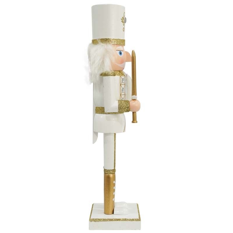 Schiaccianoci Natalizio in Legno Bianco e Oro con Spada H.38 e 60 cm