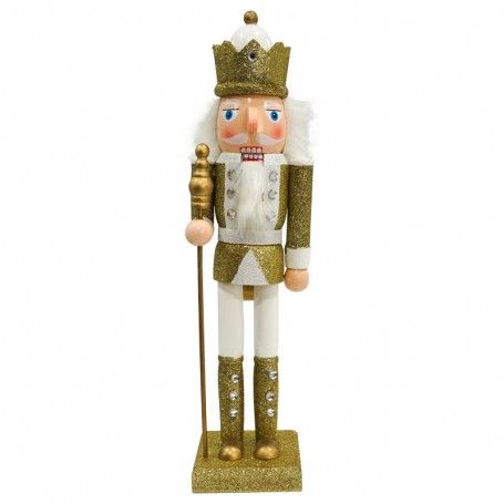 Schiaccianoci Natalizio in Legno Bianco e Oro con Scettro H.38 e 60 cm