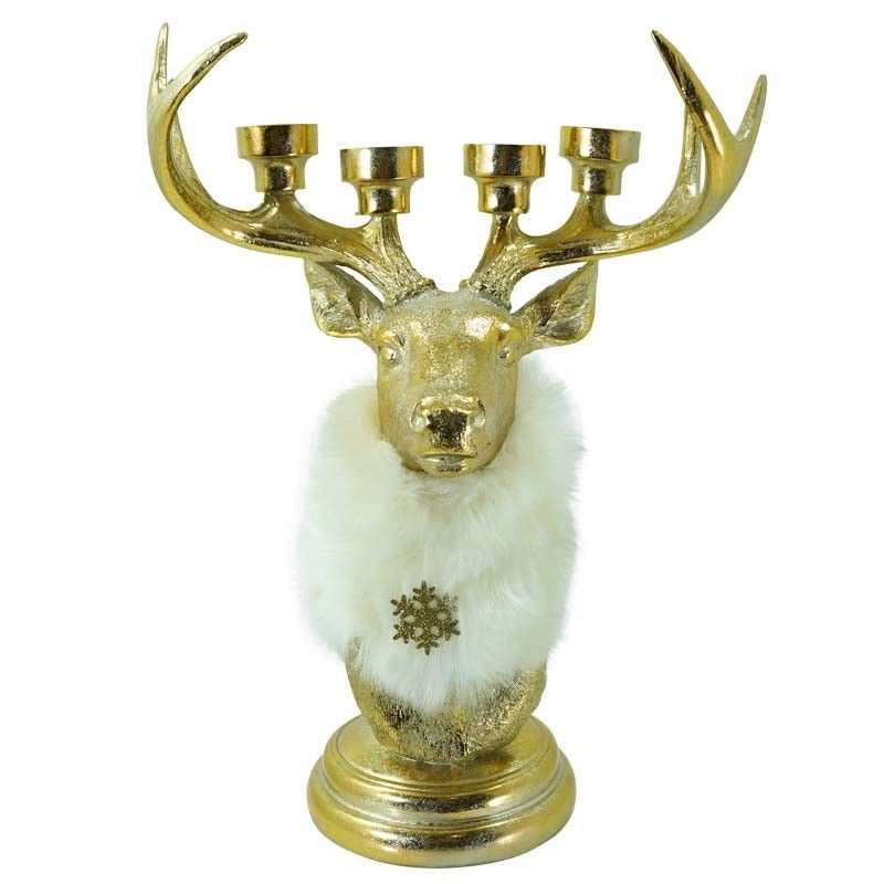 Renna Candelabro di Natale Oro e Bianco in Resina H.53 cm