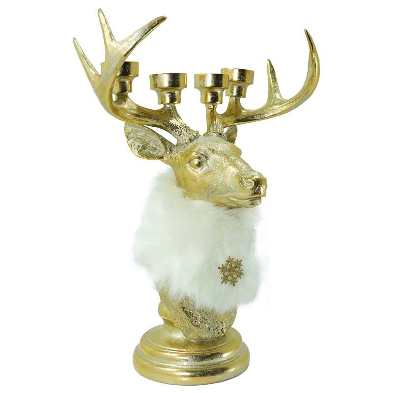 Renna Candelabro di Natale Oro e Bianco in Resina H.53 cm