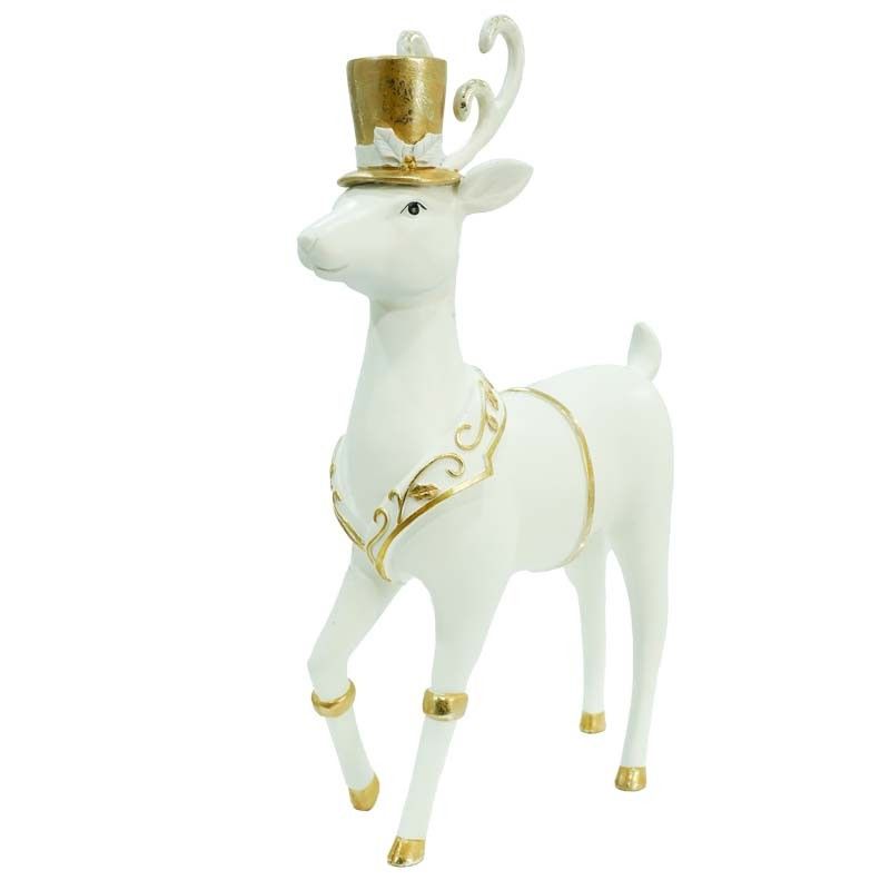 Renna Natalizia Bianca e Oro in Resina con Cappello H.30 cm