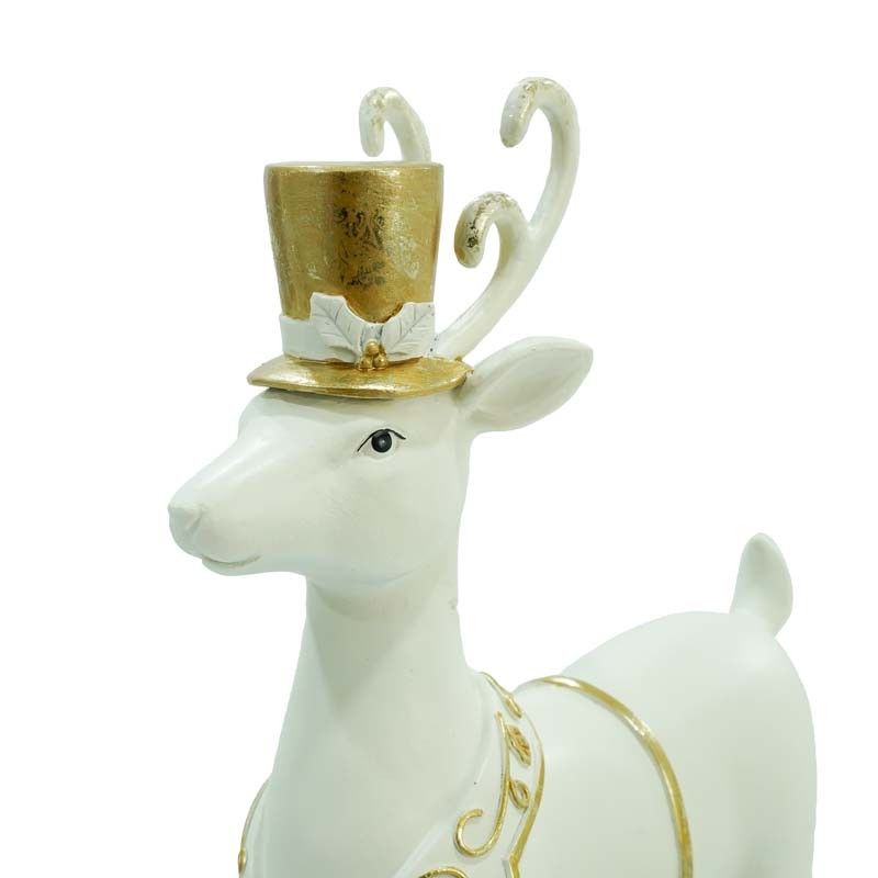 Renna Natalizia Bianca e Oro in Resina con Cappello H.30 cm
