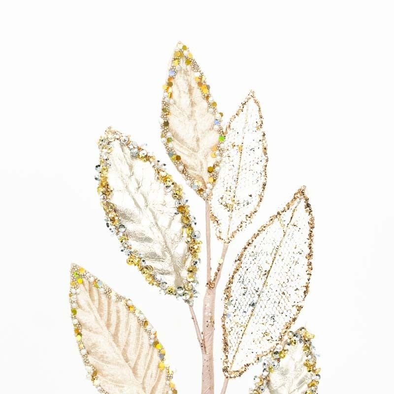Ramo Natalizio con Foglie in Velluto Beige e Oro H.56 cm