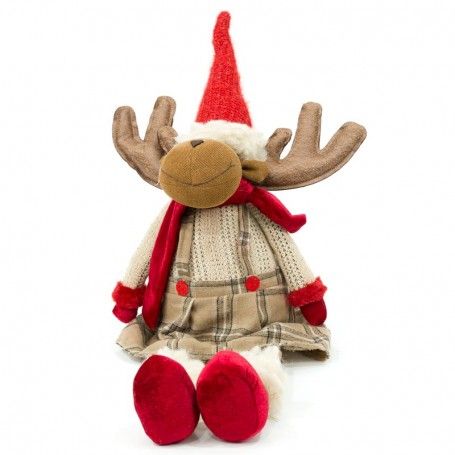 Renna Natalizia Seduta con Abito Beige a Quadri H.77 cm Renna Natalizia Seduta con Abito Beige a Quadri H.77 cm