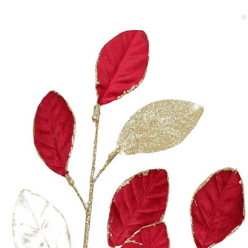 Ramo Natalizio con Foglie Rosse e Oro H.76 cm