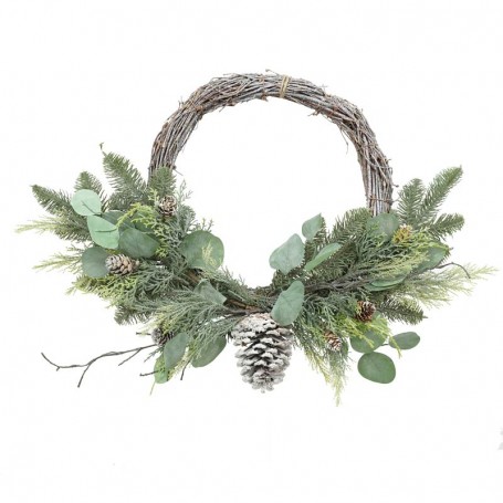 Swag Natalizio su Corona Naturale con Foglie Verdi e Pigne D.55 cm