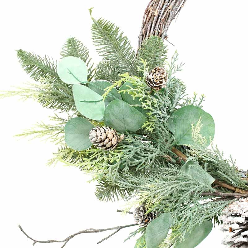 Swag Natalizio su Corona Naturale con Foglie Verdi e Pigne D.55 cm