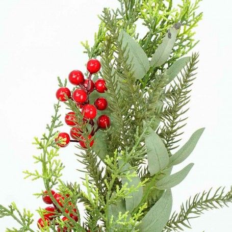Ramo di Pino Natalizio con Foglie Verdi e Bacche Rosse H.71 cm