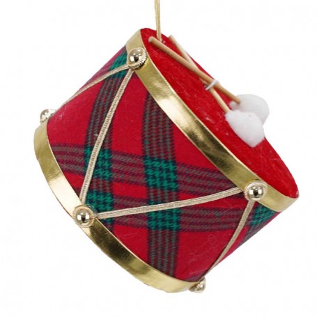 Tamburo Natalizio da Appendere in Tartan e Velluto H.8 cm