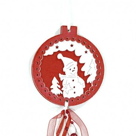Pendente Natalizio in Legno con Pupazzo di Neve Bianco e Rosso D.7 cm