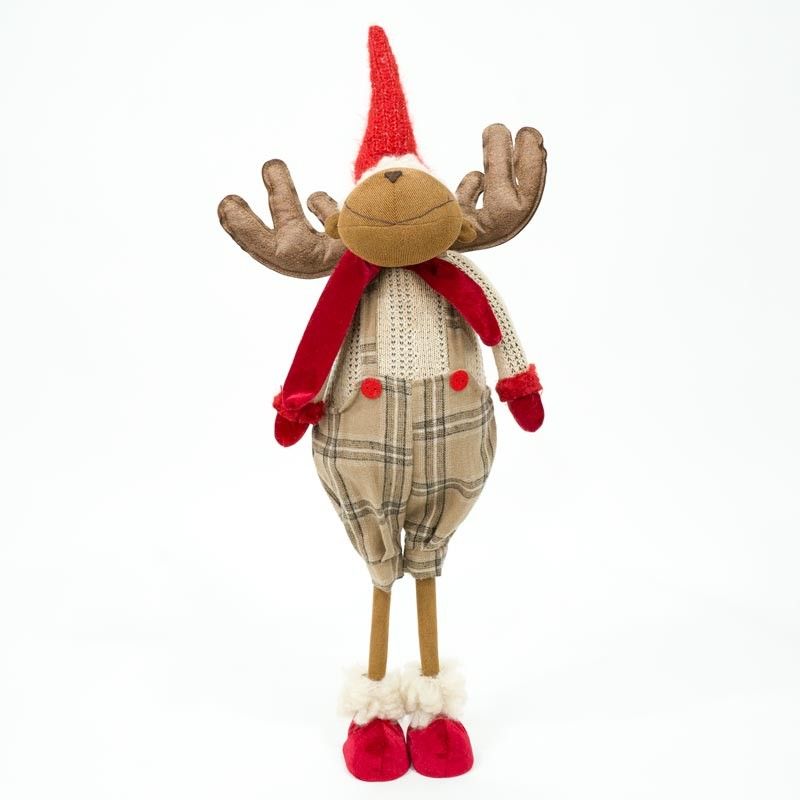 Renna Natalizia in Piedi con Gonna Beige a Quadri H.70 cm
