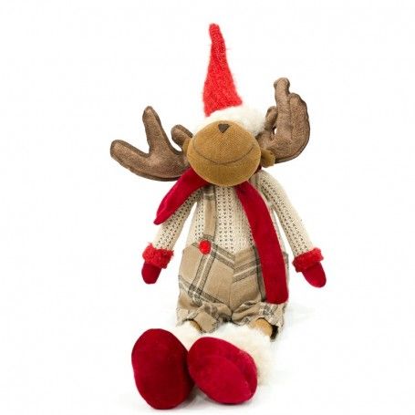 Renna Natalizia Seduta con Abito Beige a Quadri H.77 cm Renna Natalizia Seduta con Abito Beige a Quadri H.77 cm