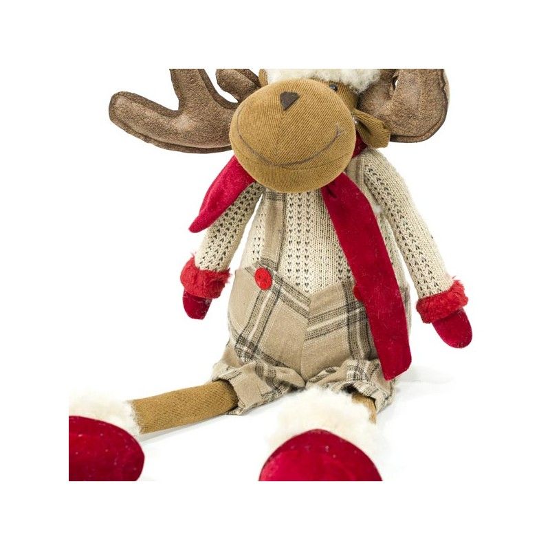 Renna Natalizia Seduta con Abito Beige a Quadri H.77 cm