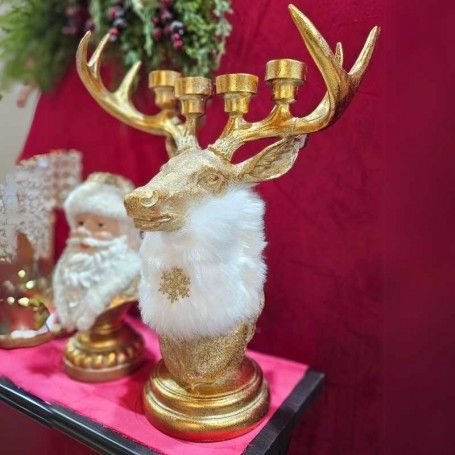 Renna Candelabro di Natale Oro e Bianco in Resina H.53 cm Renna Candelabro di Natale Oro e Bianco in Resina H.53 cm